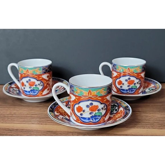 3 TAKAHASHI SAN FRANCISCO Demitasse Coffee Cups & Saucers  Multicolor & Gold Gil - Picture 2 of 16